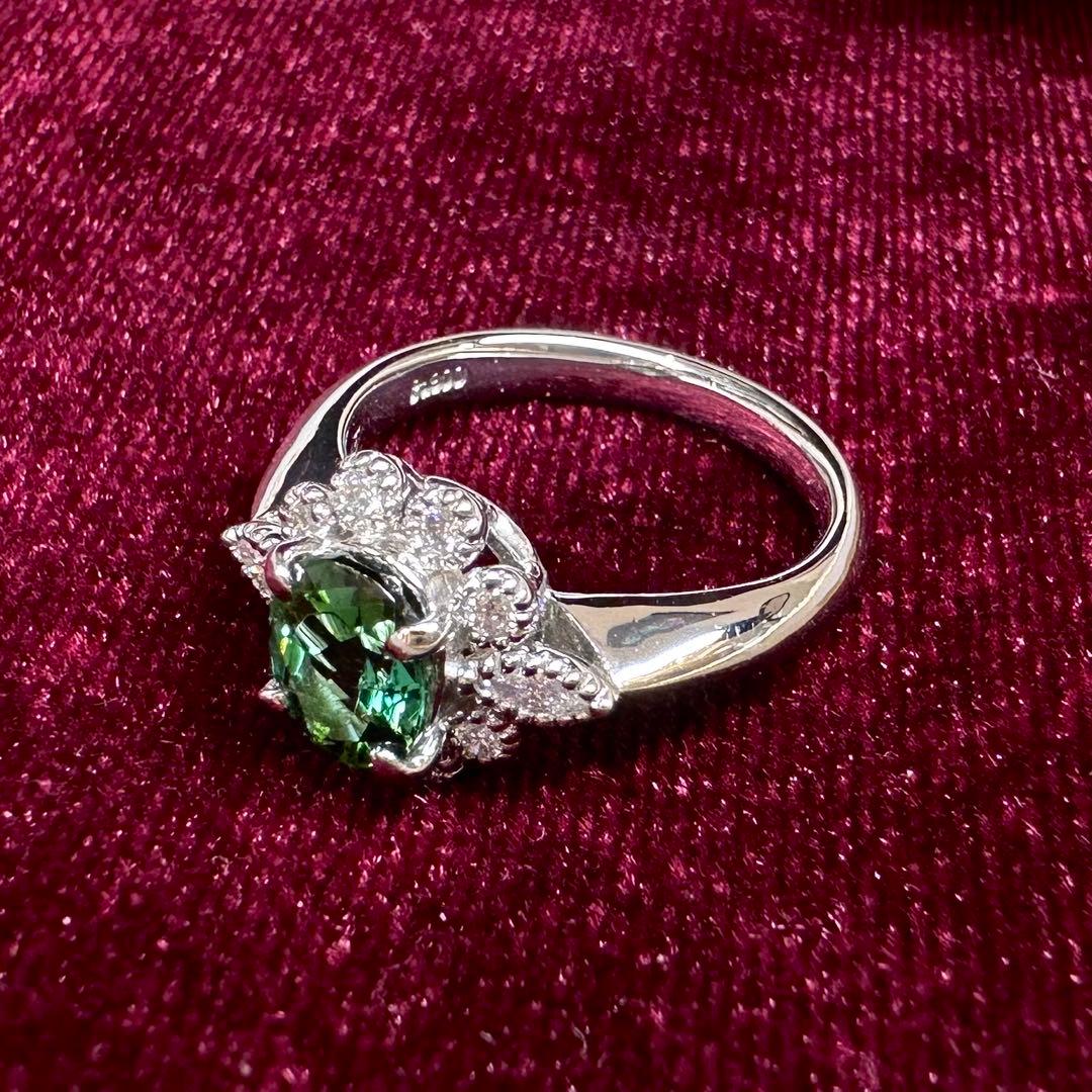 PT900 グリーントルマリン 1.05ct ダイヤモンド リング 花