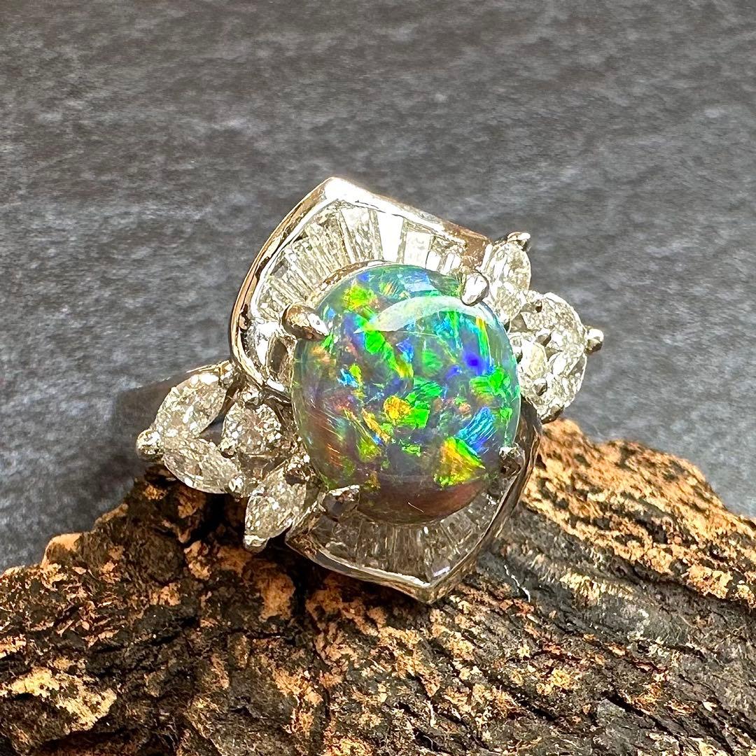 【美品】PT900 ブラックオパール 1.38ct ダイヤ リング