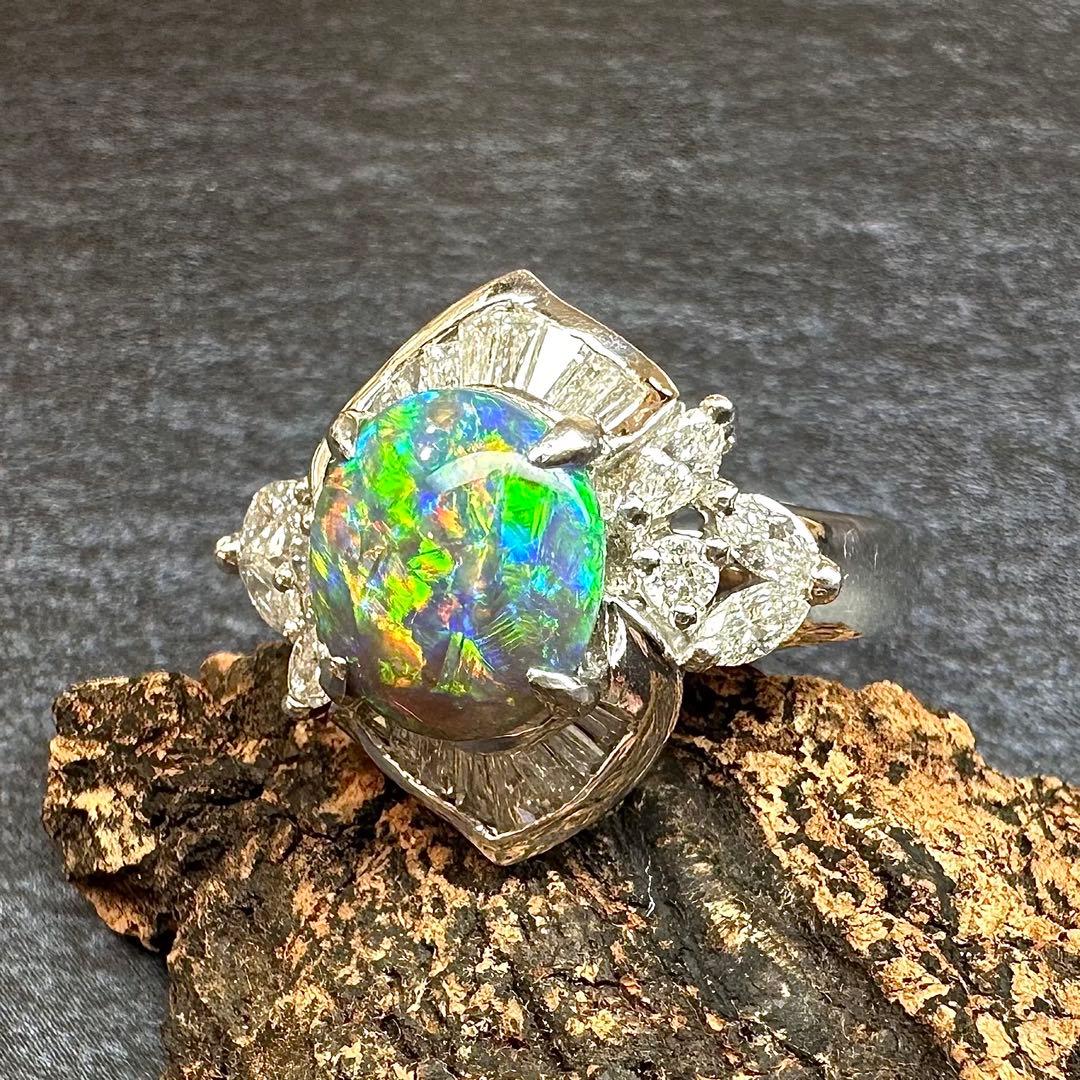 【美品】PT900 ブラックオパール 1.38ct ダイヤ リング