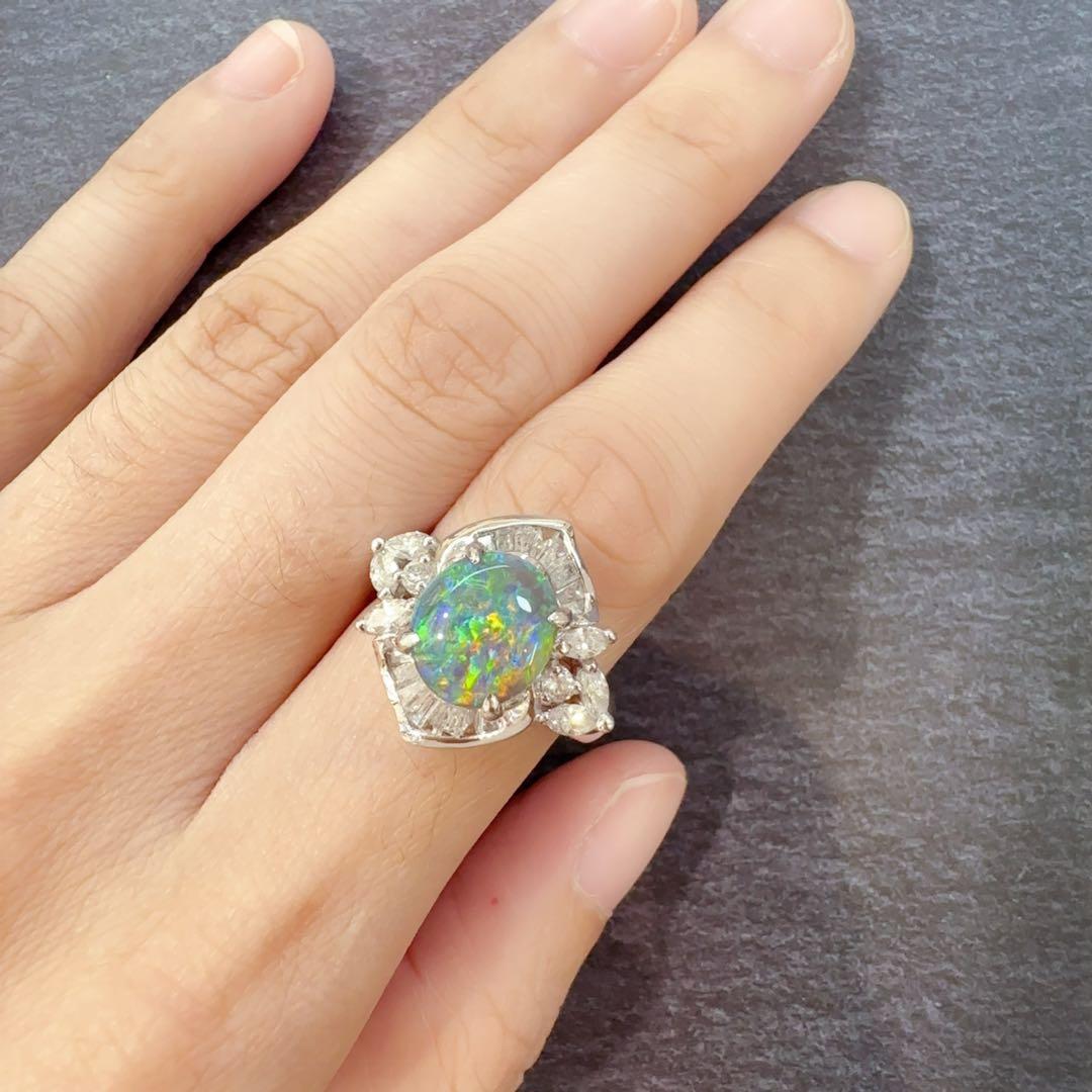 【美品】PT900 ブラックオパール 1.38ct ダイヤ リング