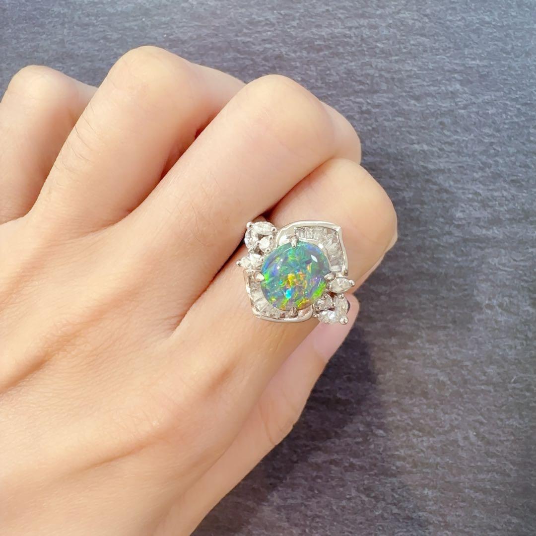 【美品】PT900 ブラックオパール 1.38ct ダイヤ リング