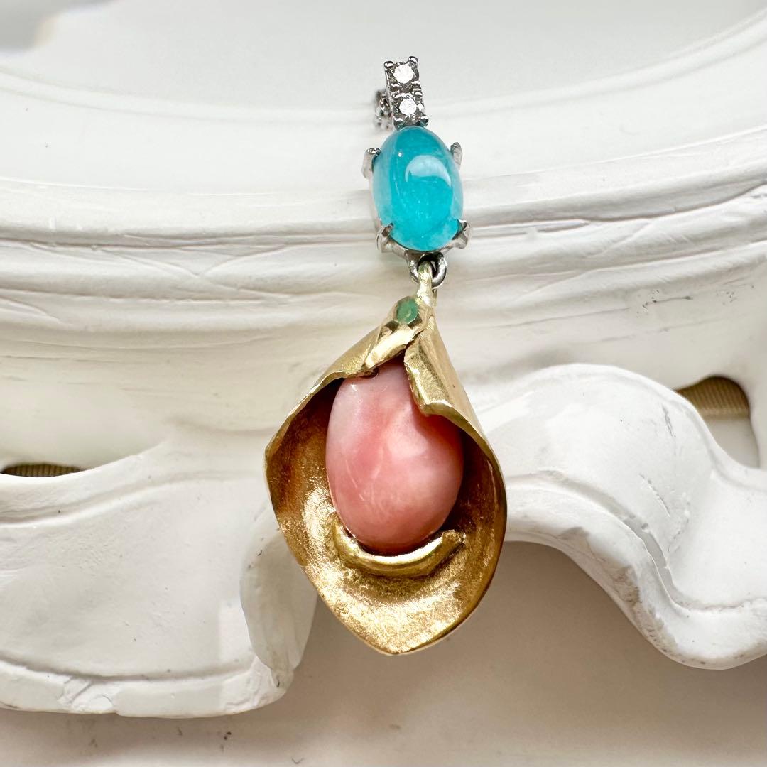 【美品】K18/PT900 パライバトルマリン × コンクパール 1.57ct ネックレス