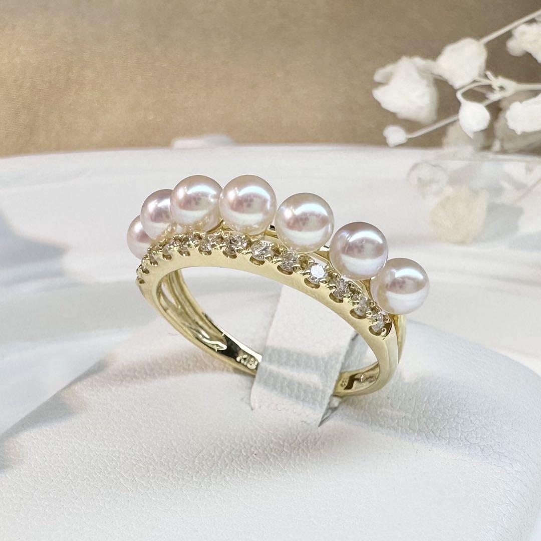【K18】アコヤパールリング 3.5mm ダイヤモンド