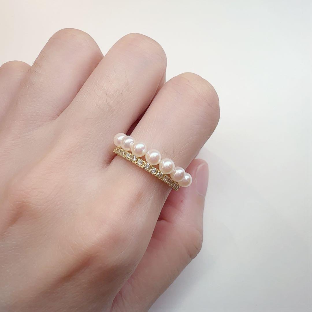 【K18】アコヤパールリング 3.5mm ダイヤモンド