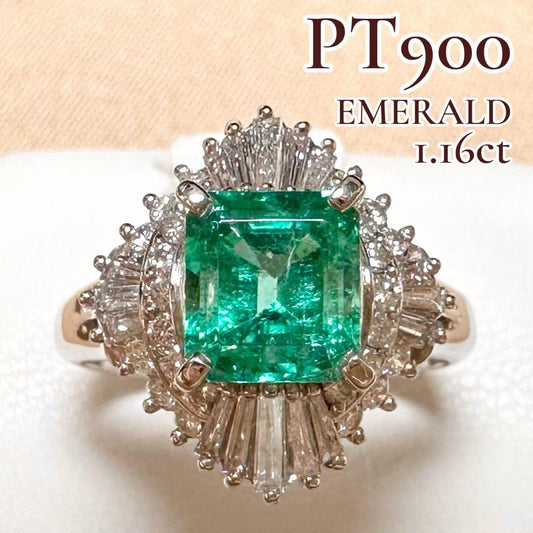 PT900 エメラルド ダイヤモンド リング 1.16ct 昭和レトロ