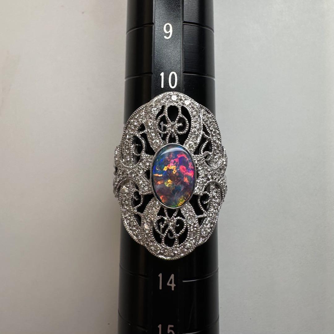 【美品】K18WG ボルダーオパール リング ダイヤ0.45ct アンティーク風