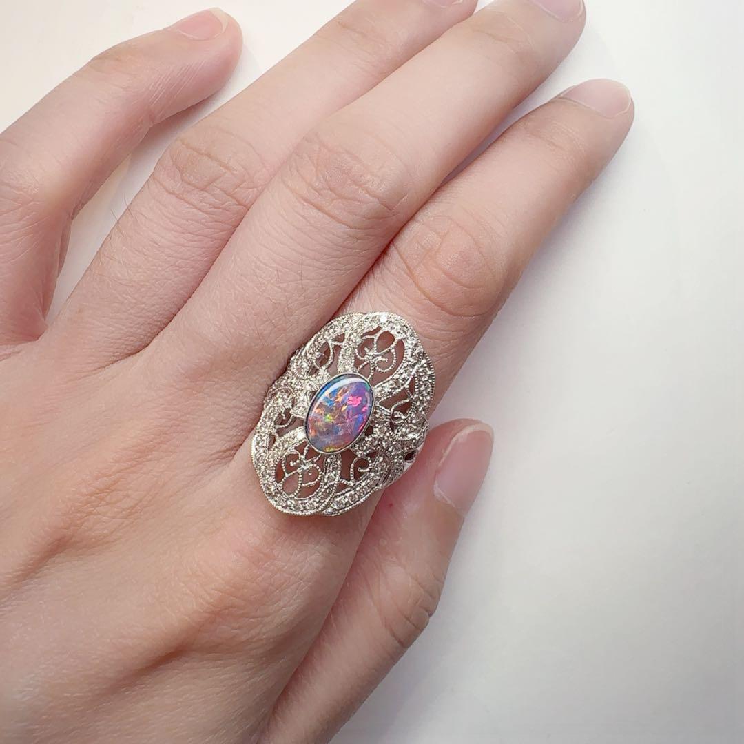 【美品】K18WG ボルダーオパール リング ダイヤ0.45ct アンティーク風