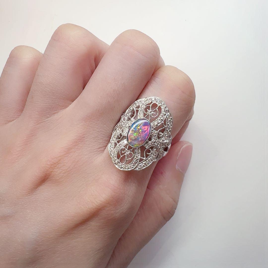 【美品】K18WG ボルダーオパール リング ダイヤ0.45ct アンティーク風