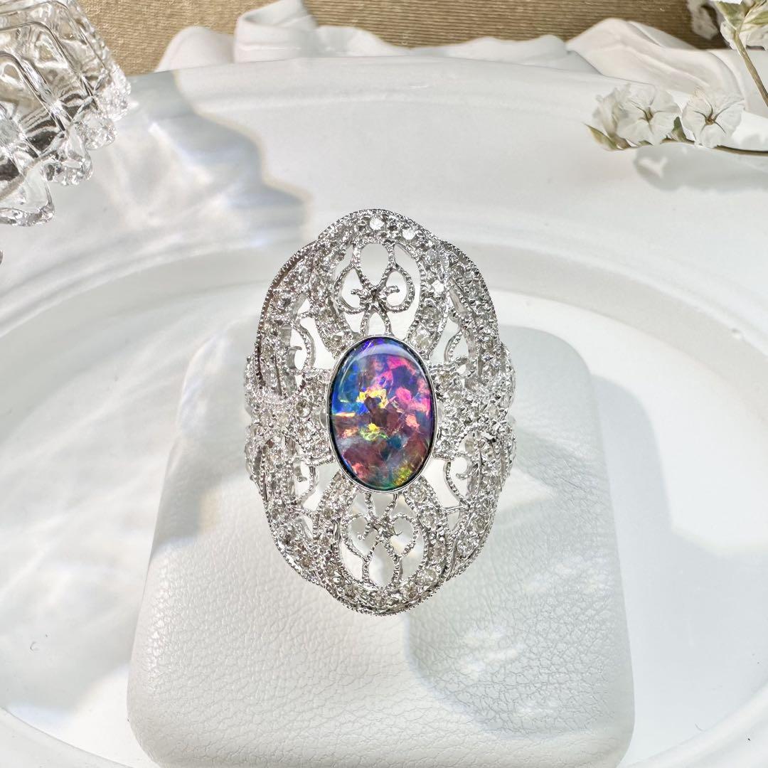 【美品】K18WG ボルダーオパール リング ダイヤ0.45ct アンティーク風