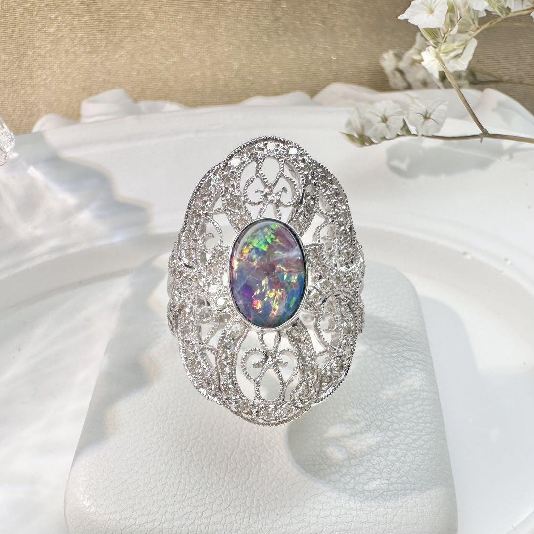 【美品】K18WG ボルダーオパール リング ダイヤ0.45ct アンティーク風