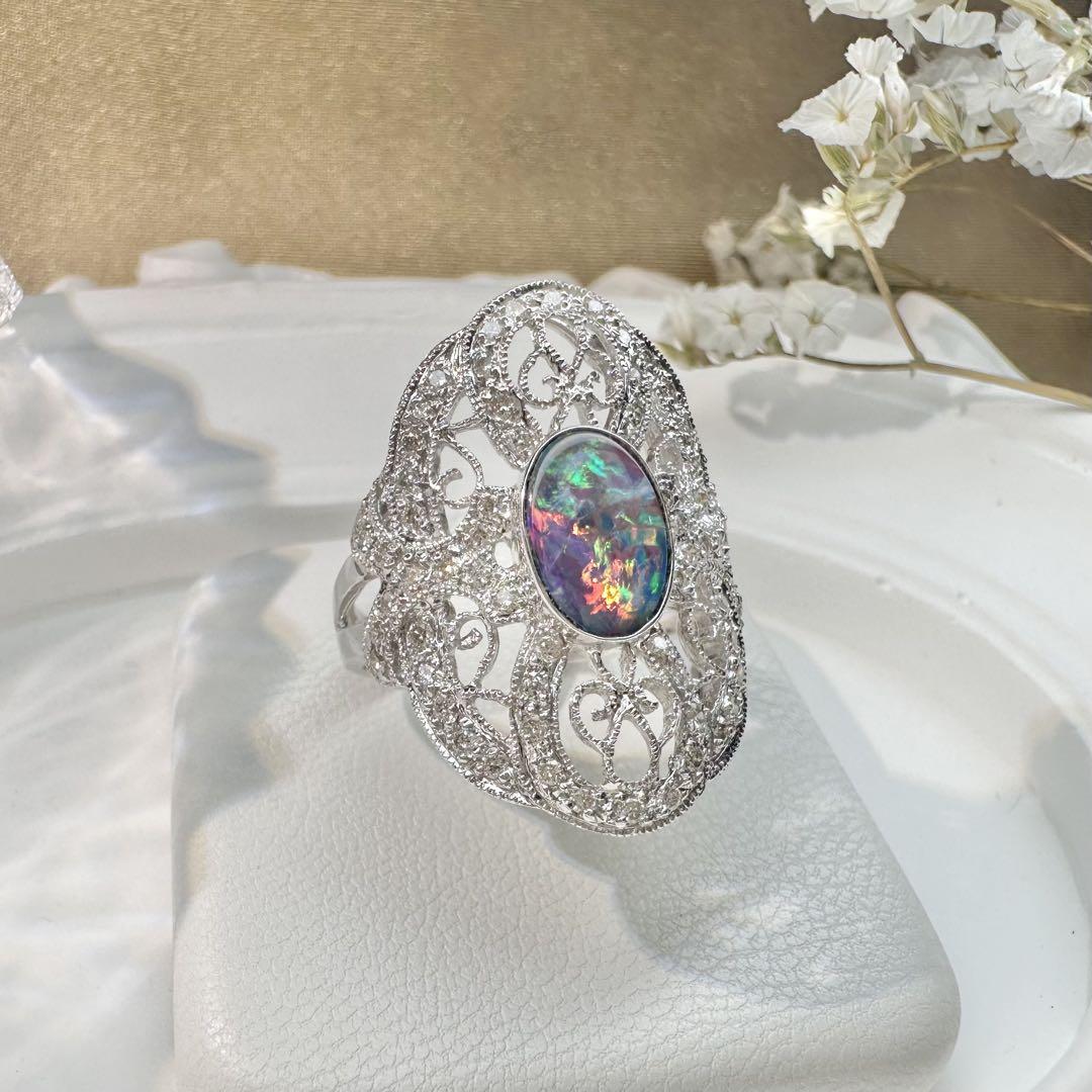 【美品】K18WG ボルダーオパール リング ダイヤ0.45ct アンティーク風