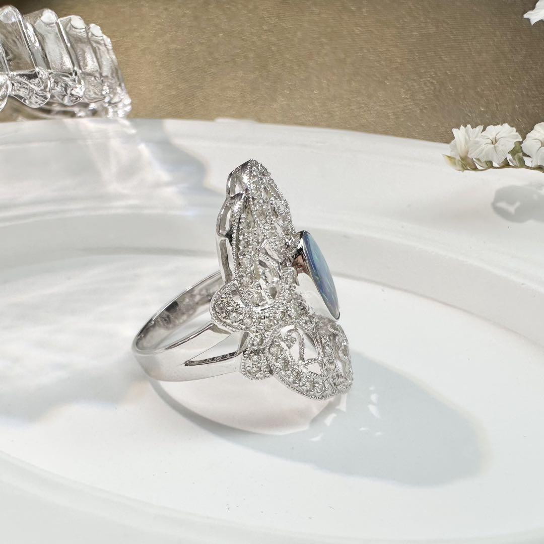 【美品】K18WG ボルダーオパール リング ダイヤ0.45ct アンティーク風