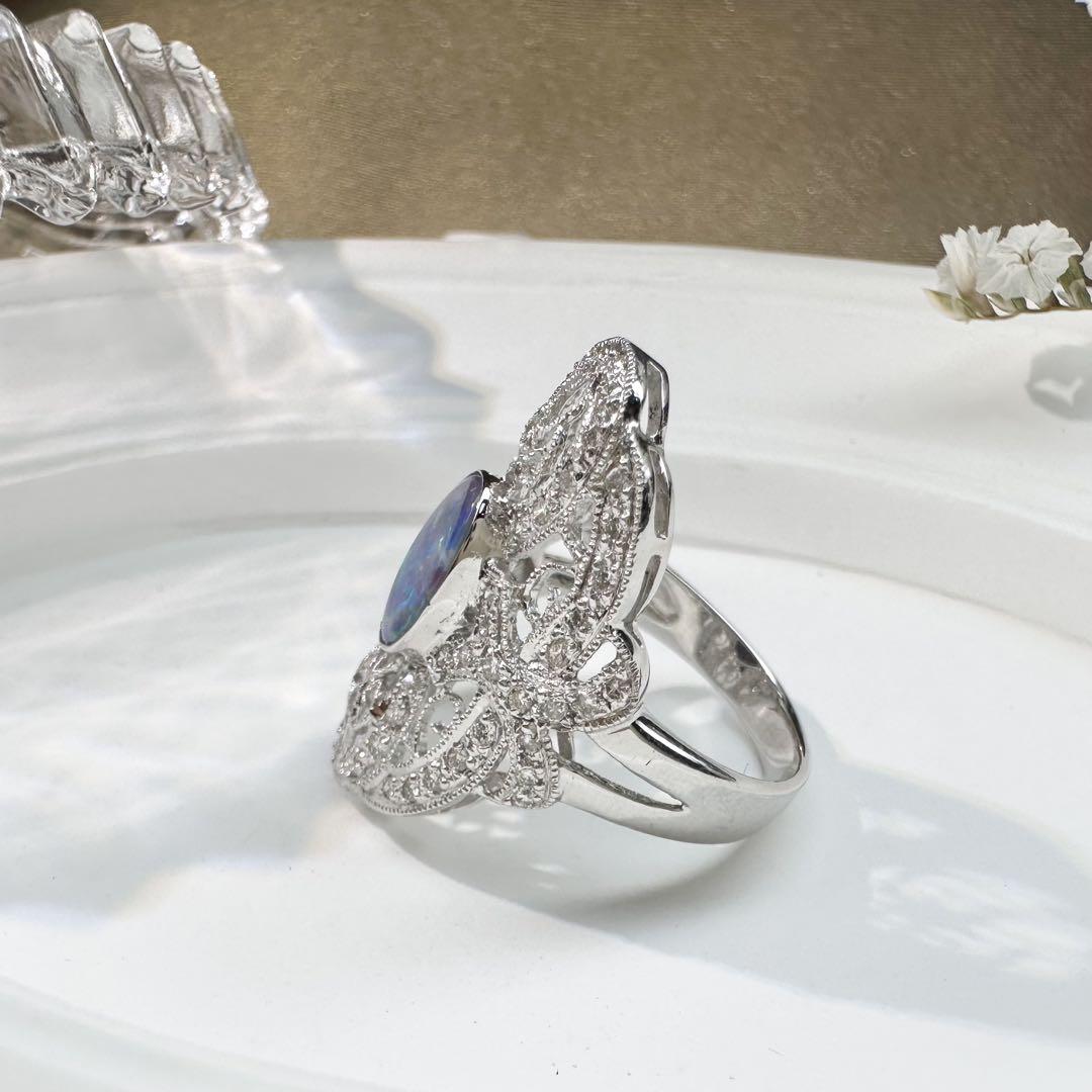 【美品】K18WG ボルダーオパール リング ダイヤ0.45ct アンティーク風