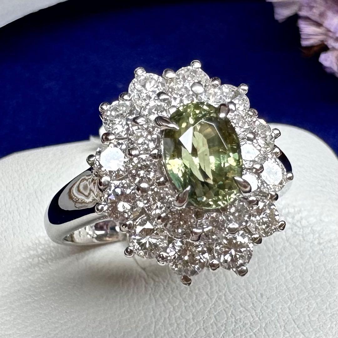 PT850 クリソベリル1.11ct ダイヤモンドリング 希少石レディース 指輪