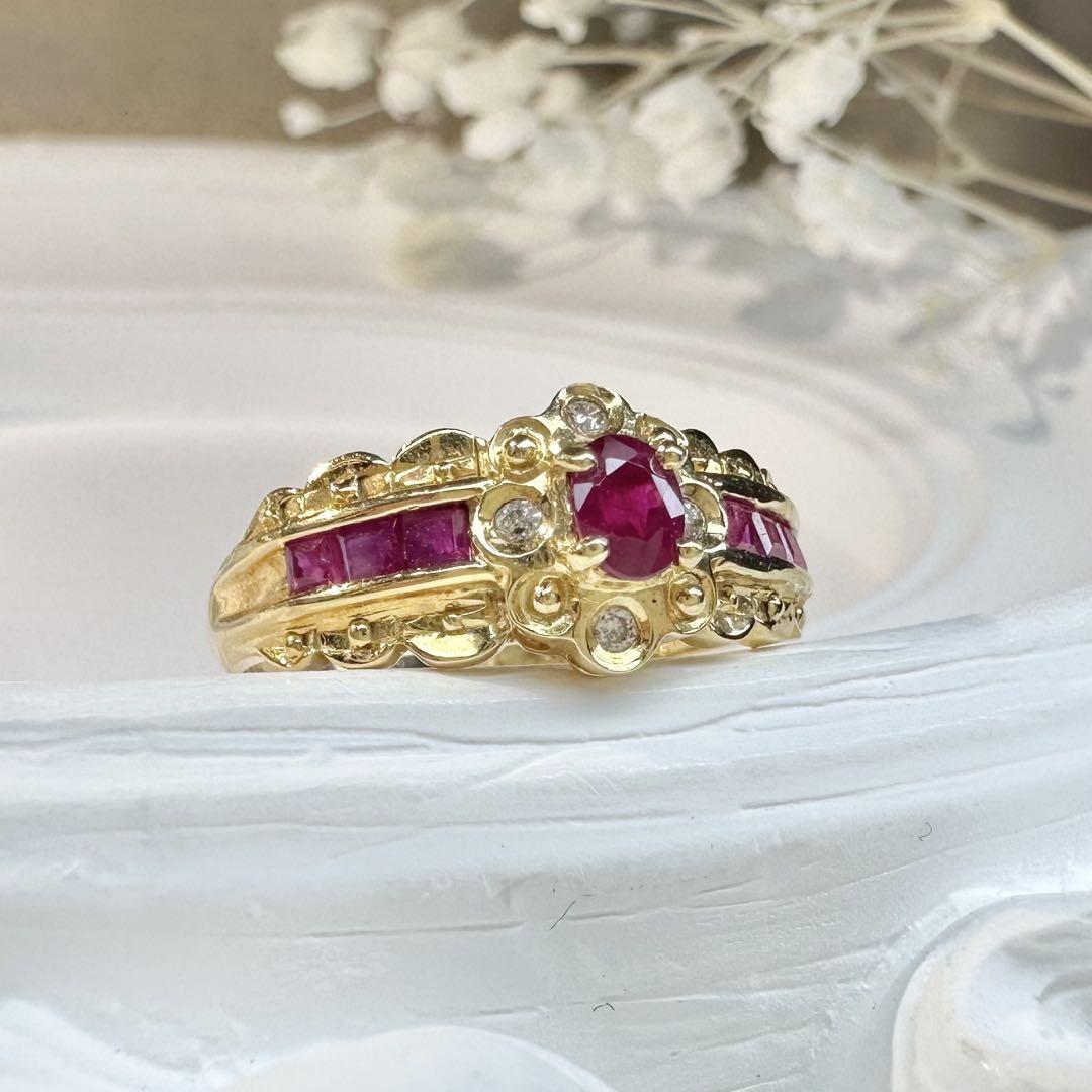 【K18】ルビー 0.03ct ダイヤモンド リング