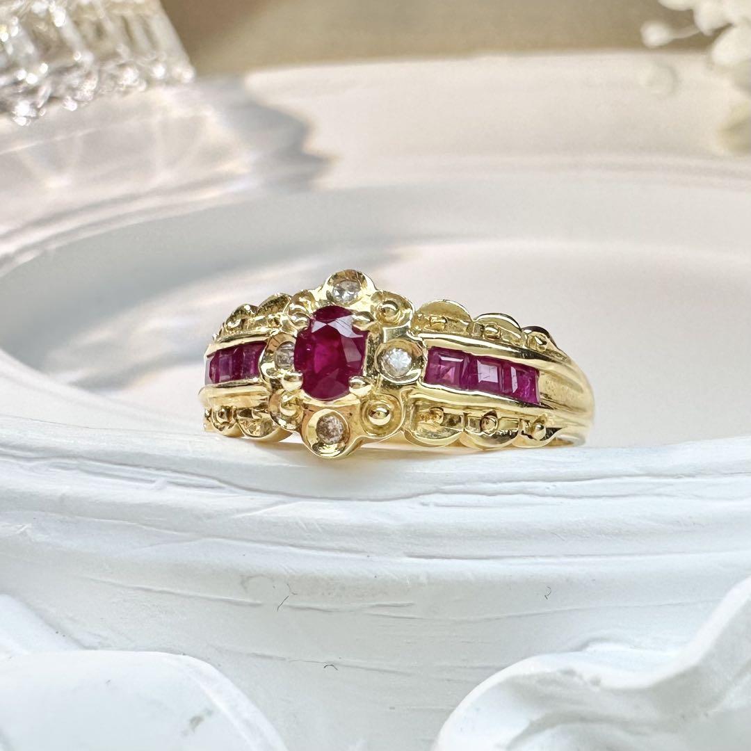 【K18】ルビー 0.03ct ダイヤモンド リング