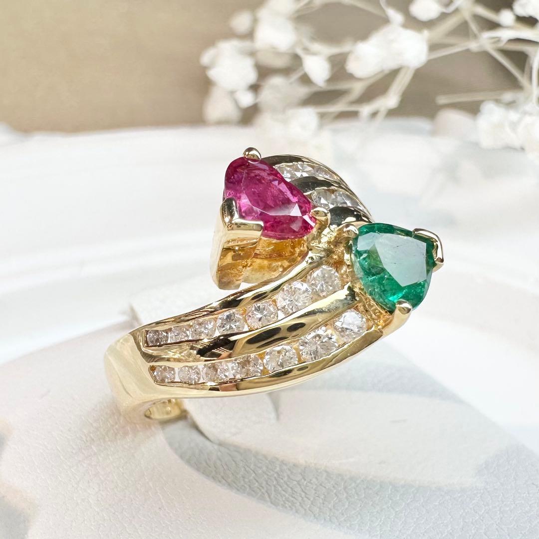 【K18】ルビー 0.61ct エメラルド 0.46ct リング
