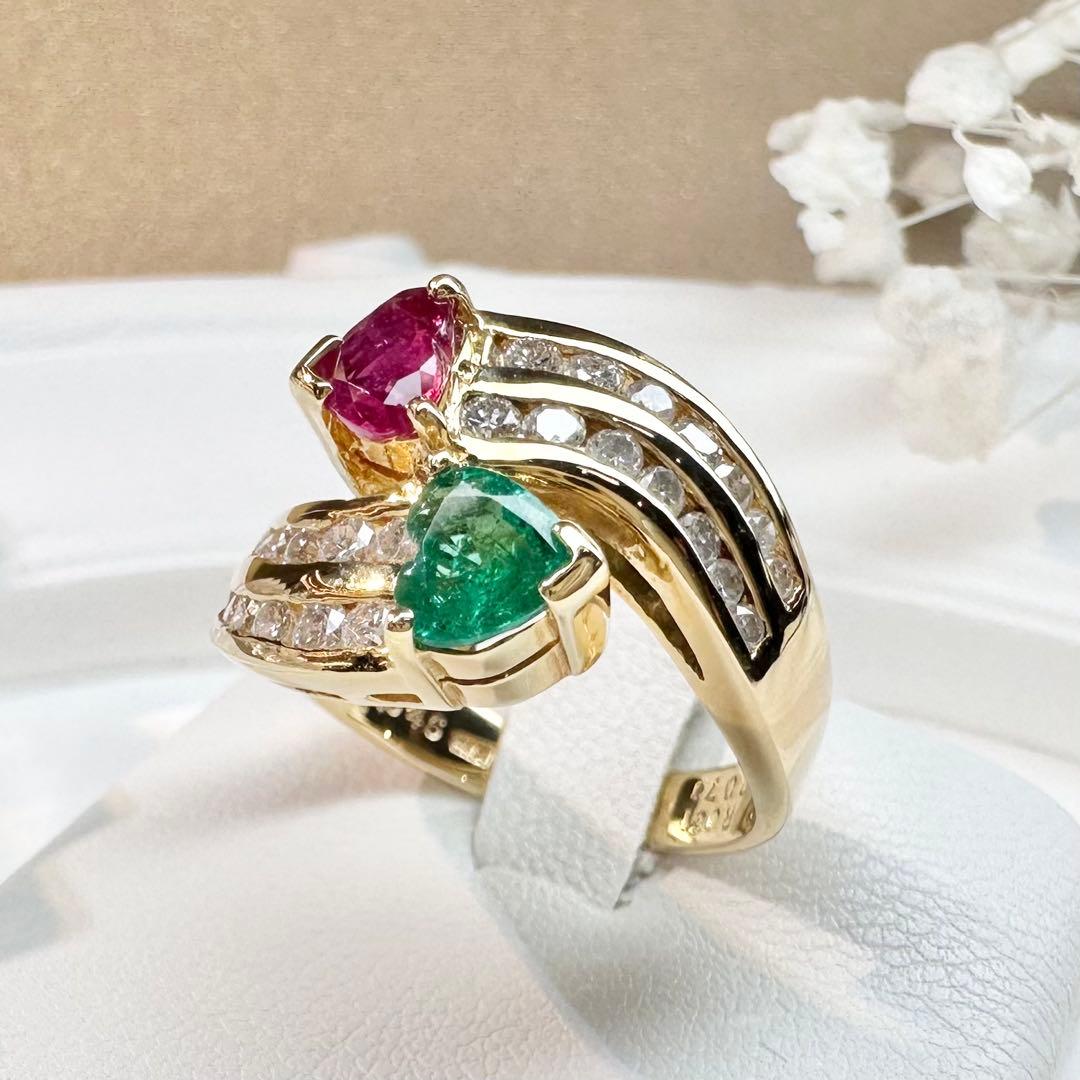 【K18】ルビー 0.61ct エメラルド 0.46ct リング