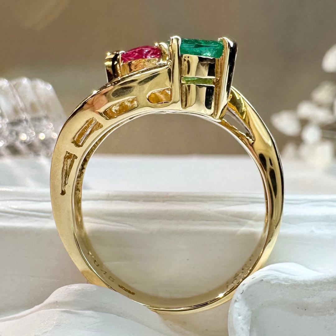 【K18】ルビー 0.61ct エメラルド 0.46ct リング