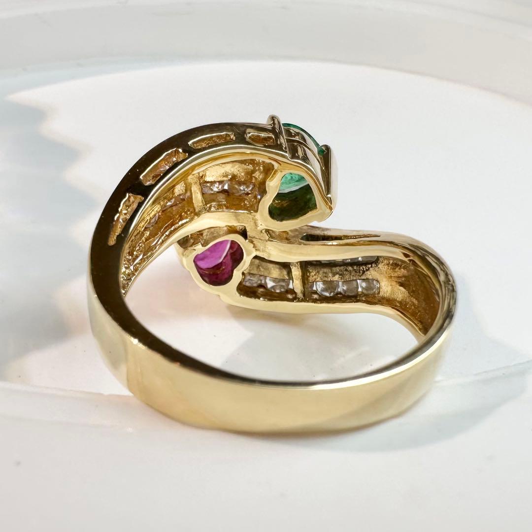 【K18】ルビー 0.61ct エメラルド 0.46ct リング
