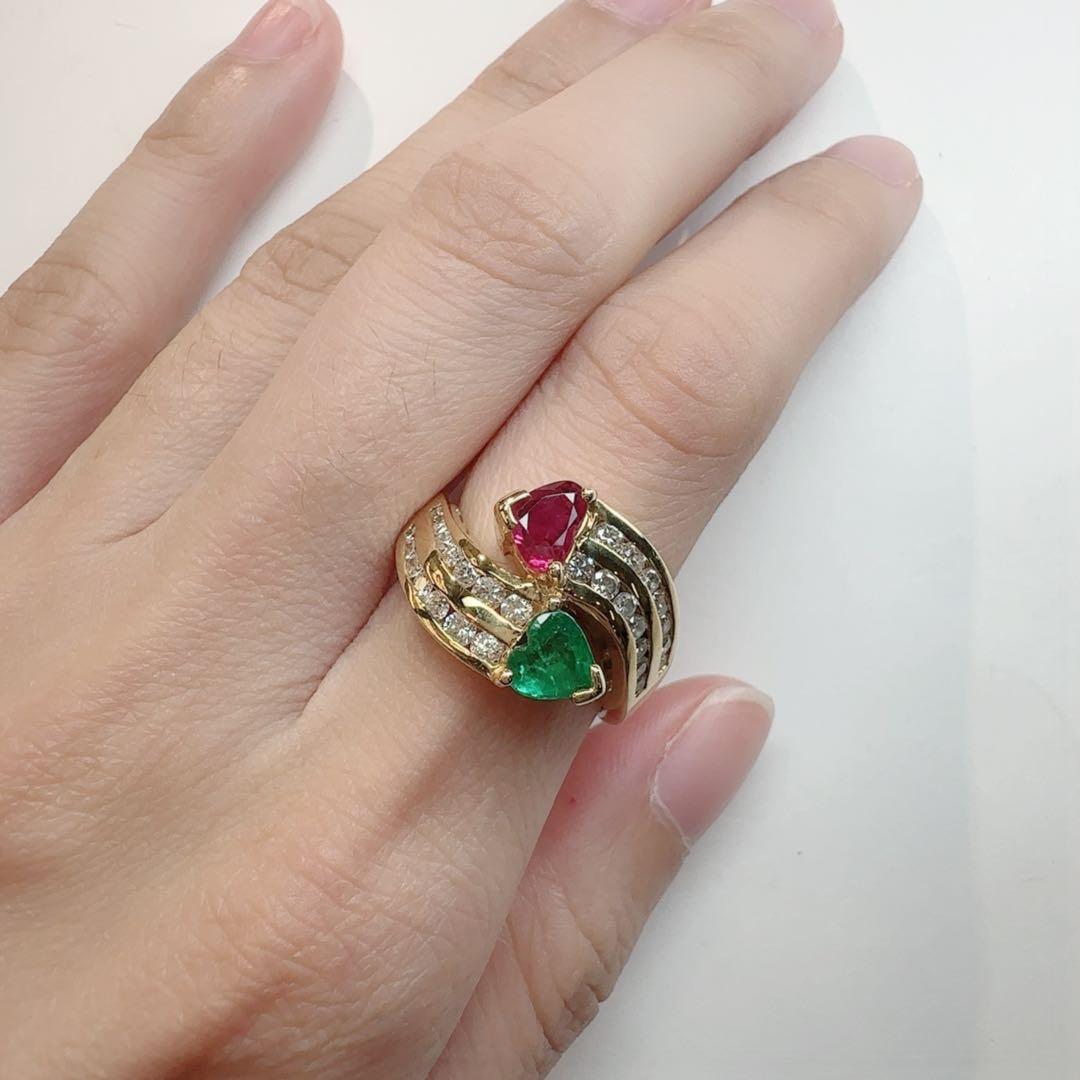 【K18】ルビー 0.61ct エメラルド 0.46ct リング