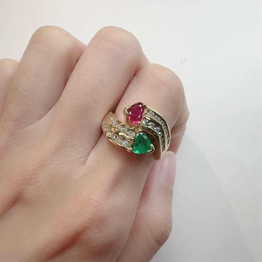 【K18】ルビー 0.61ct エメラルド 0.46ct リング