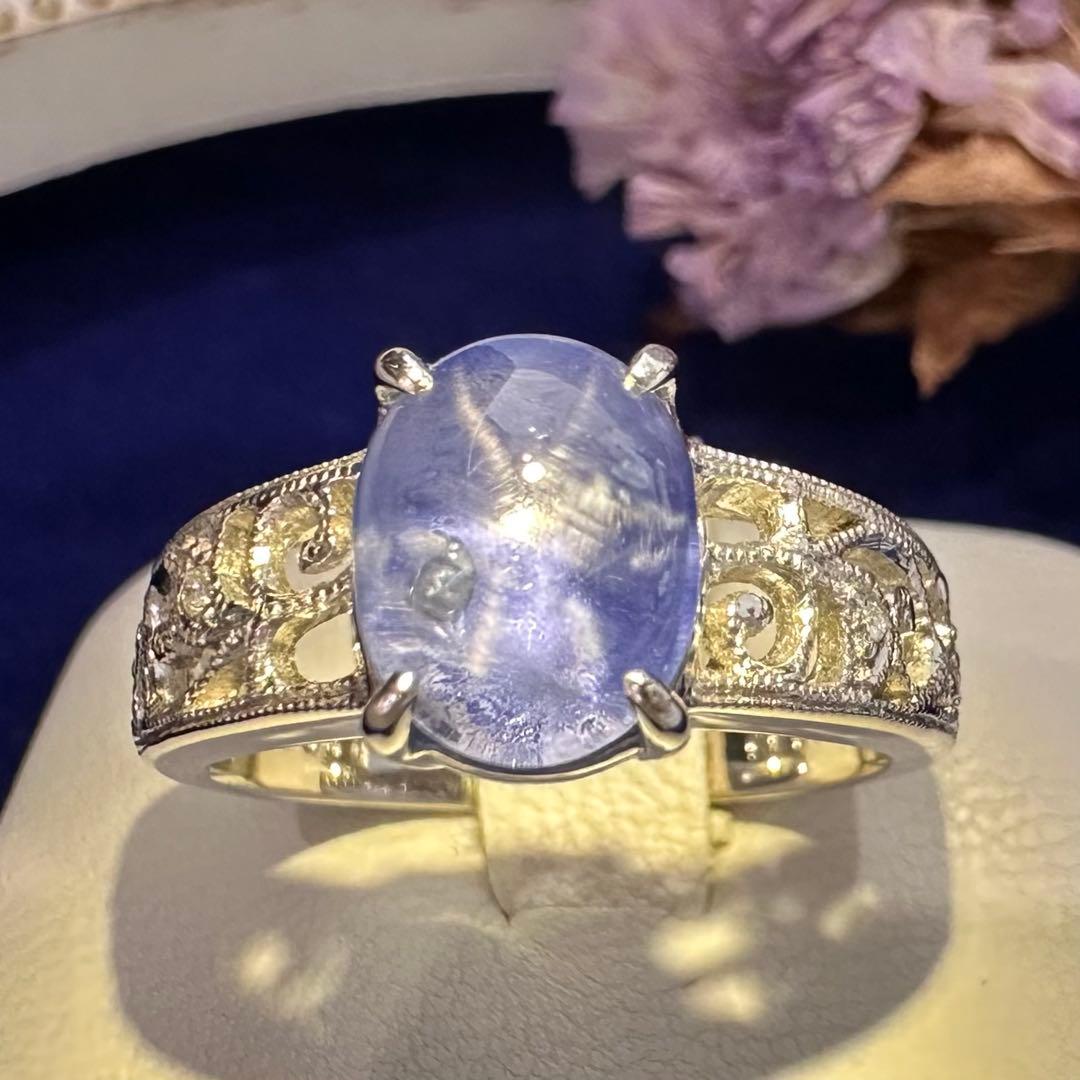 PT900 スターサファイア 3.86ct ダイヤモンドリング 大粒 希少石