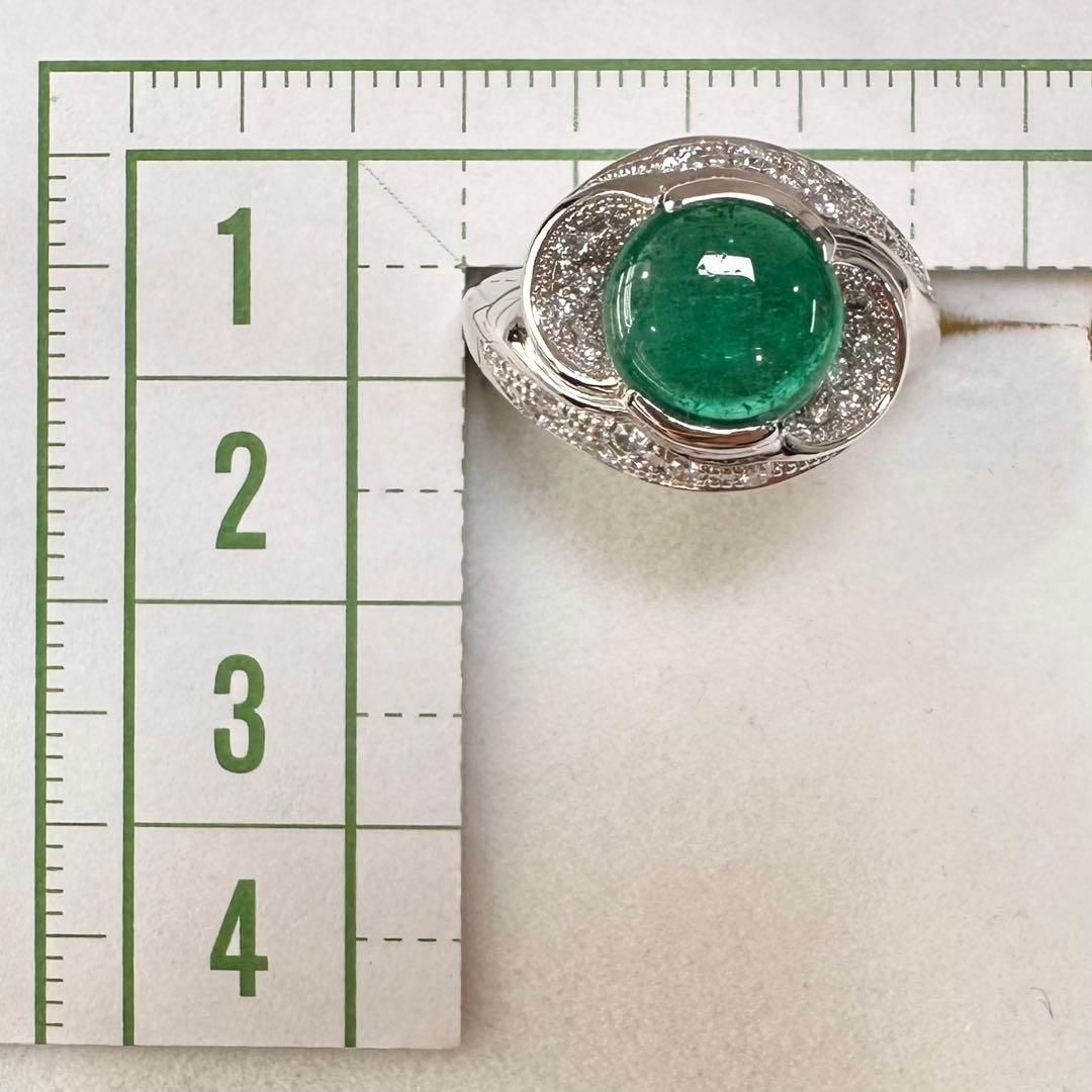PT900 大粒 エメラルド カボション 2.1ct ダイヤモンド リング