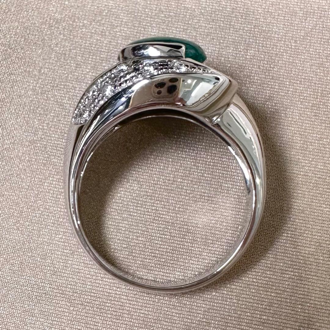 PT900 大粒 エメラルド カボション 2.1ct ダイヤモンド リング