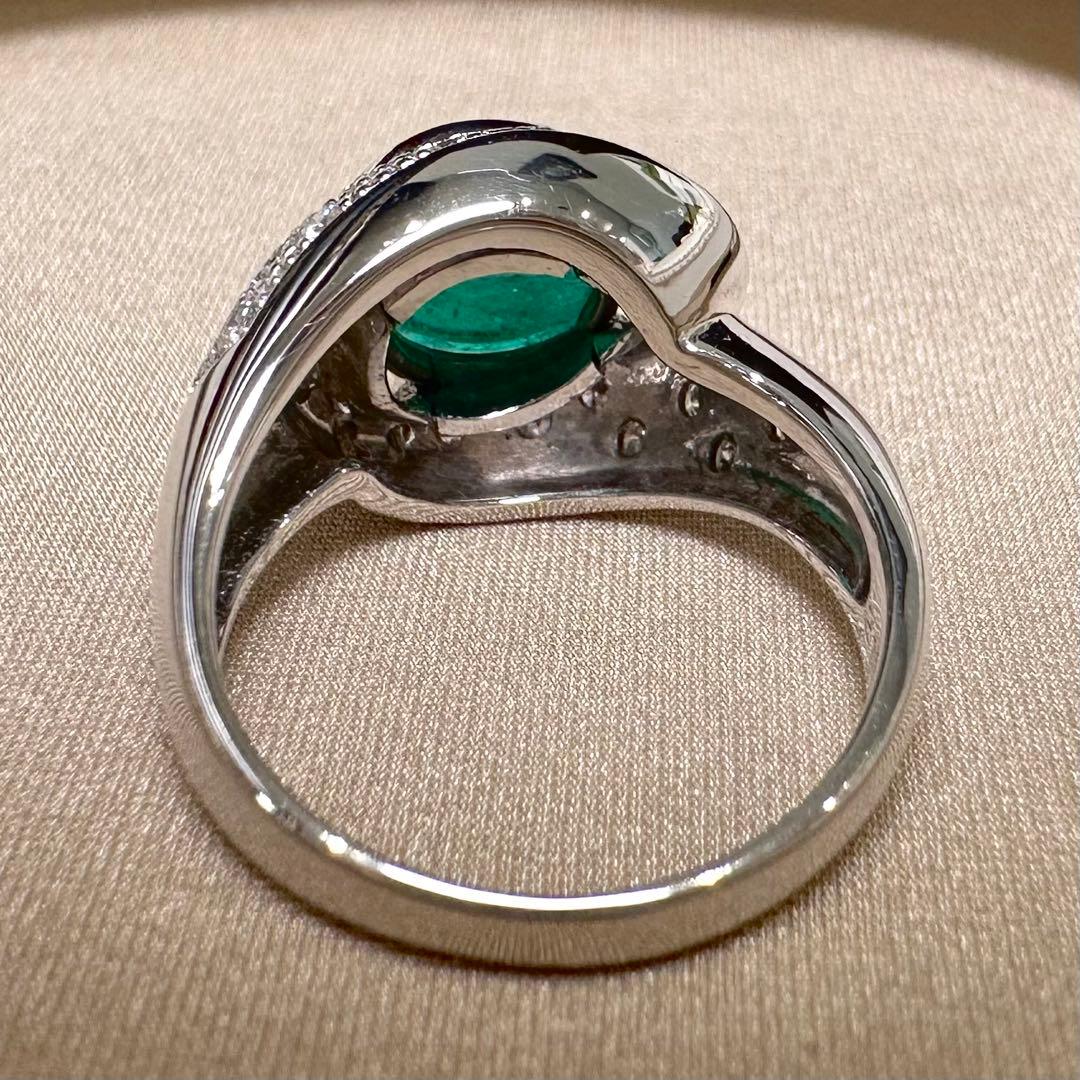 PT900 大粒 エメラルド カボション 2.1ct ダイヤモンド リング
