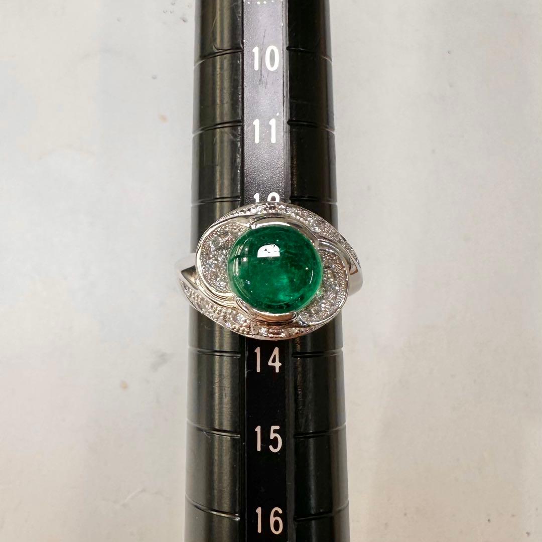 PT900 大粒 エメラルド カボション 2.1ct ダイヤモンド リング