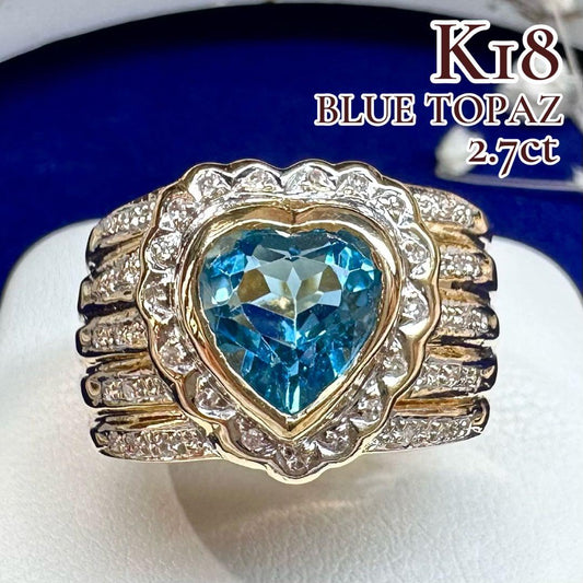 【K18】ブルートパーズ 2.7ct リング ハートデザイン
