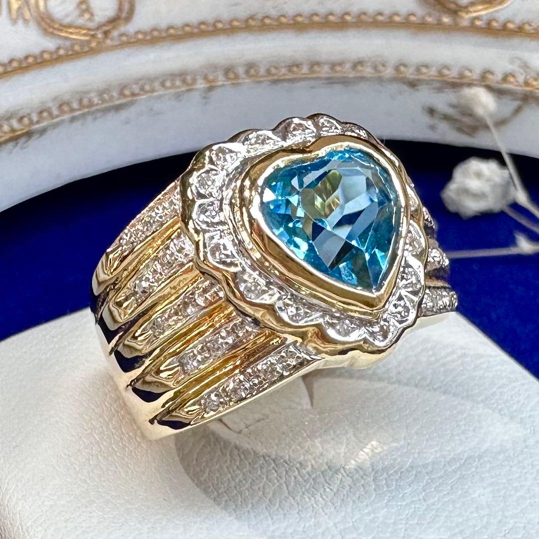 【K18】ブルートパーズ 2.7ct リング ハートデザイン