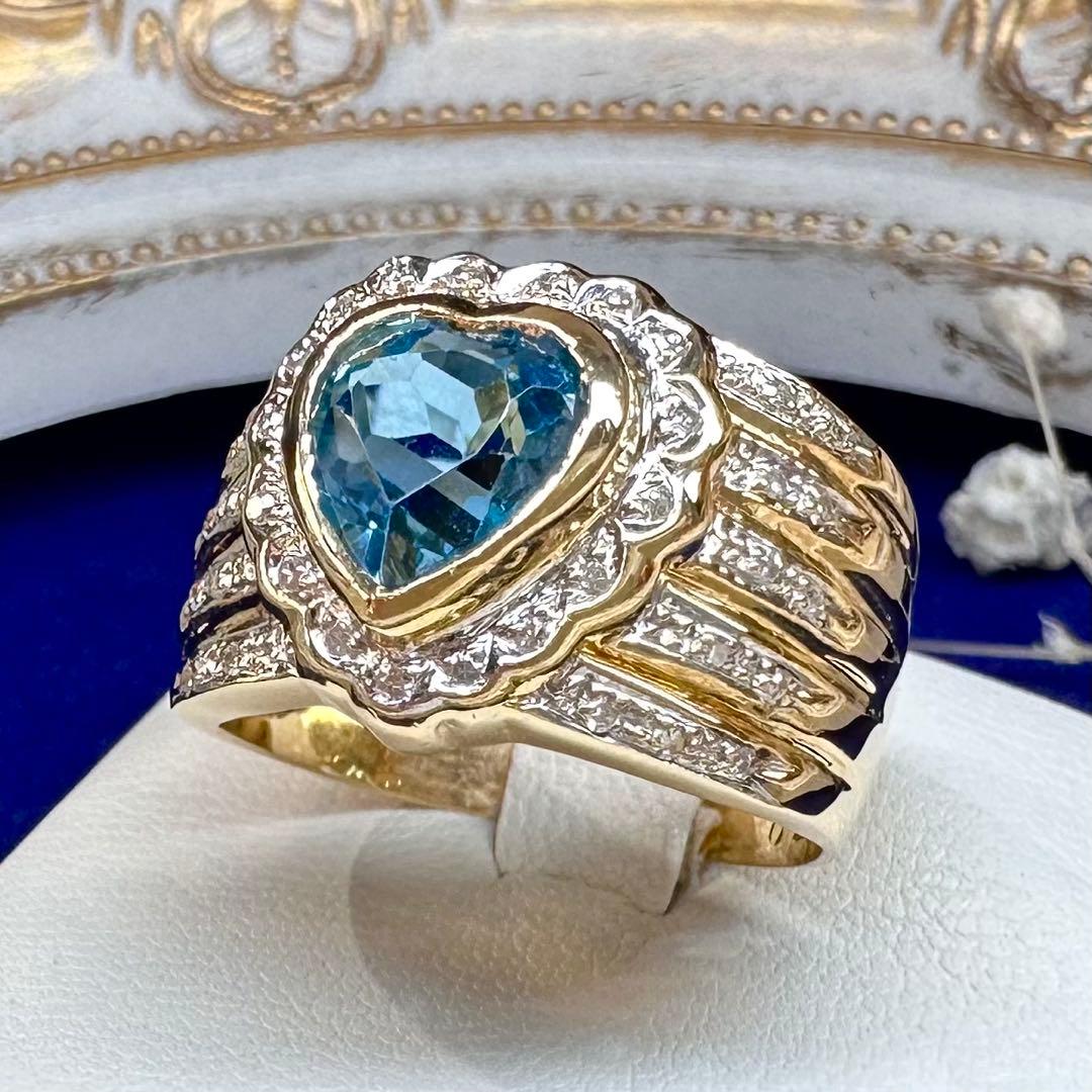 【K18】ブルートパーズ 2.7ct リング ハートデザイン