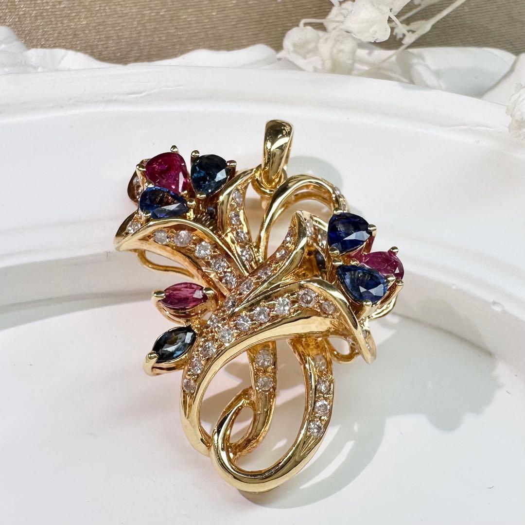 【K18】ミックスコランダム 1.74ct ダイヤモンド ペンダントトップ