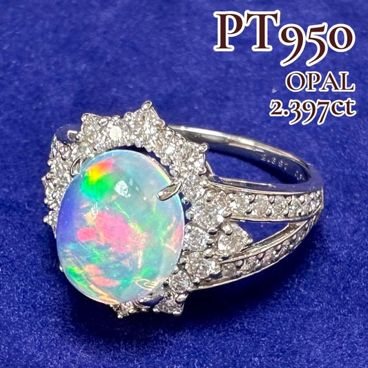 PT950 オパール ダイヤモンド リング 2.397ct 遊色効果 大粒