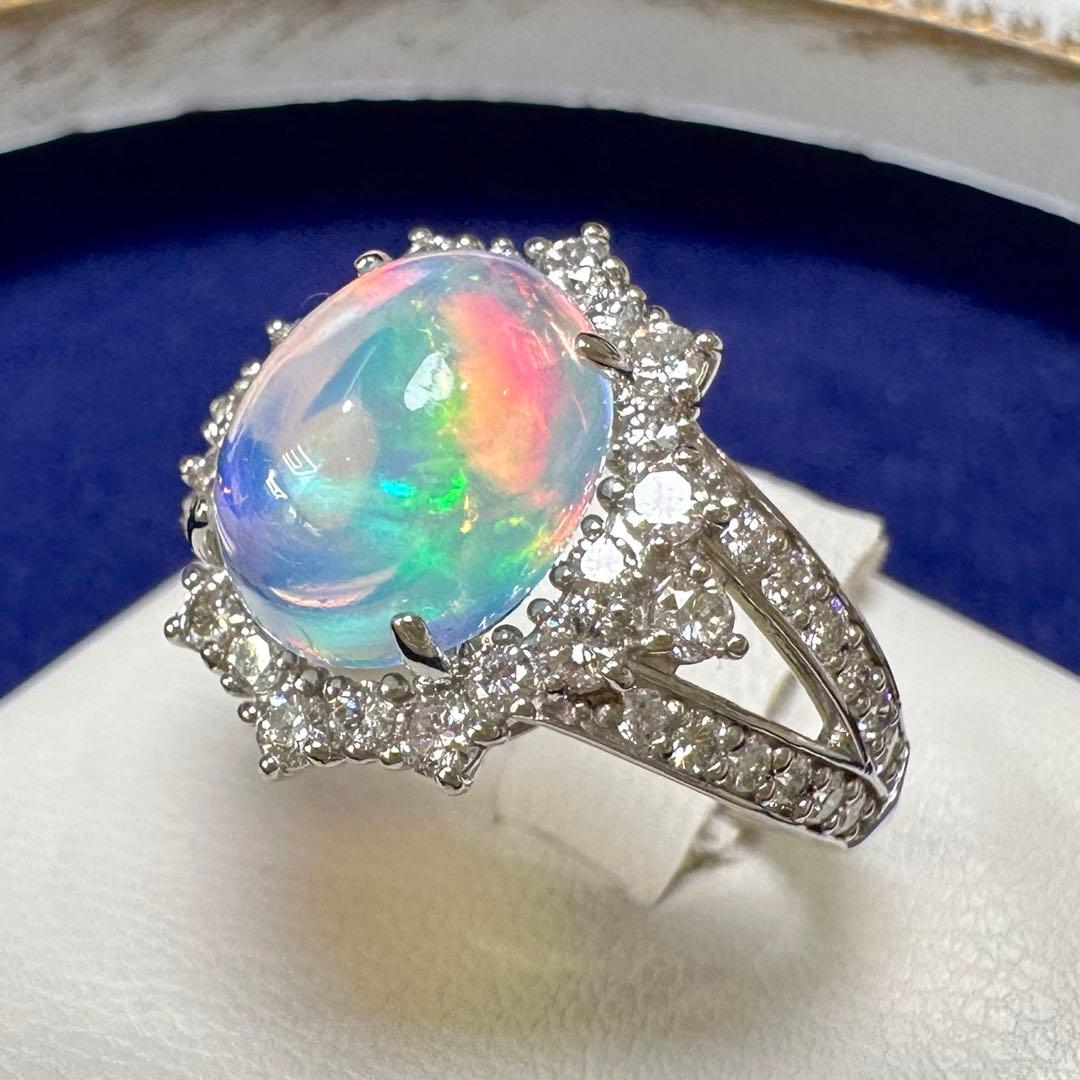 PT950 オパール ダイヤモンド リング 2.397ct 遊色効果 大粒