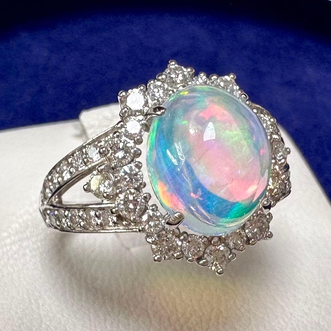 PT950 オパール ダイヤモンド リング 2.397ct 遊色効果 大粒