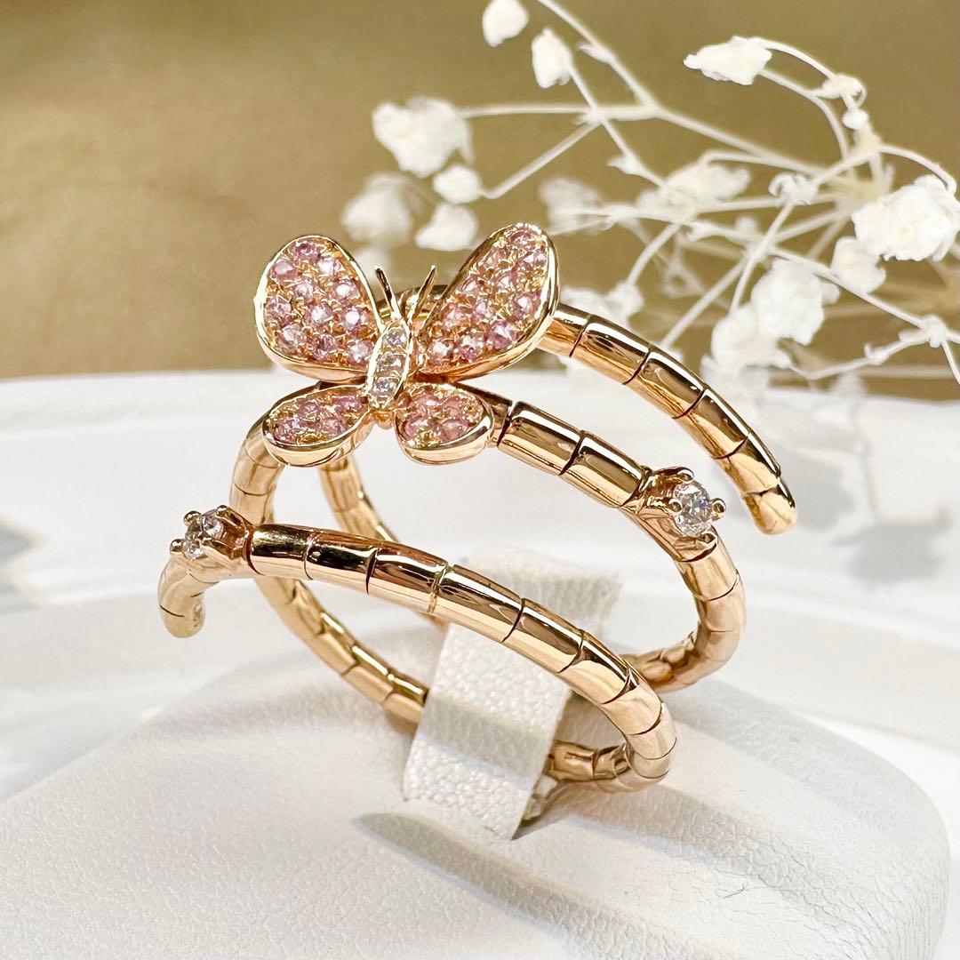 【K18】サファイア 0.22ct スパイラルリング 蝶モチーフ