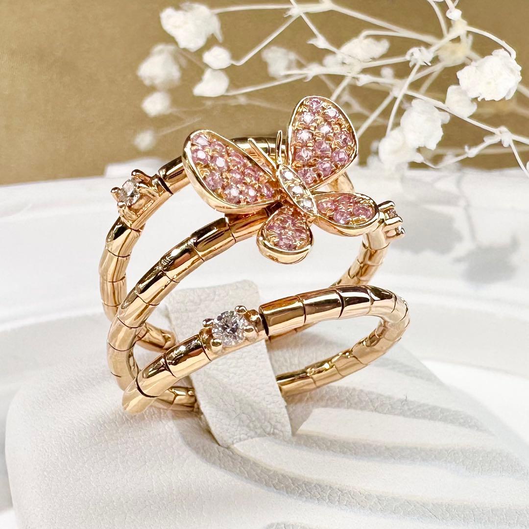 【K18】サファイア 0.22ct スパイラルリング 蝶モチーフ