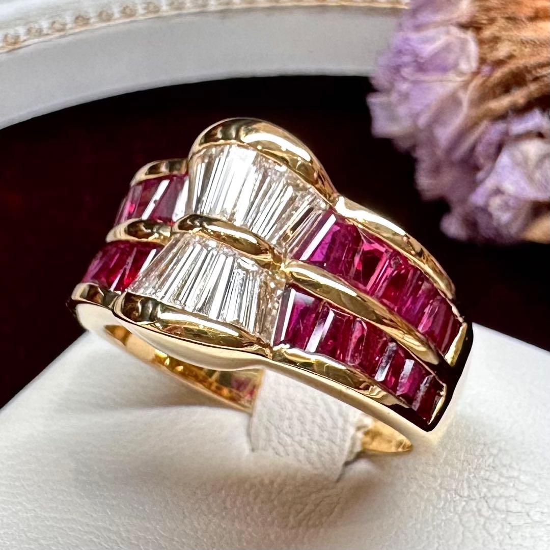 K18 ルビー ダイヤモンドリング2.25ct テーパーカット レディース 指輪