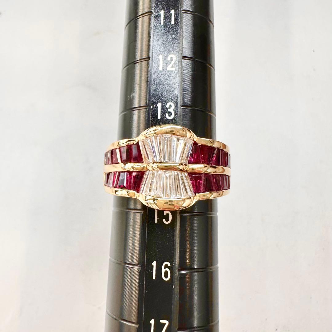 K18 ルビー ダイヤモンドリング2.25ct テーパーカット レディース 指輪