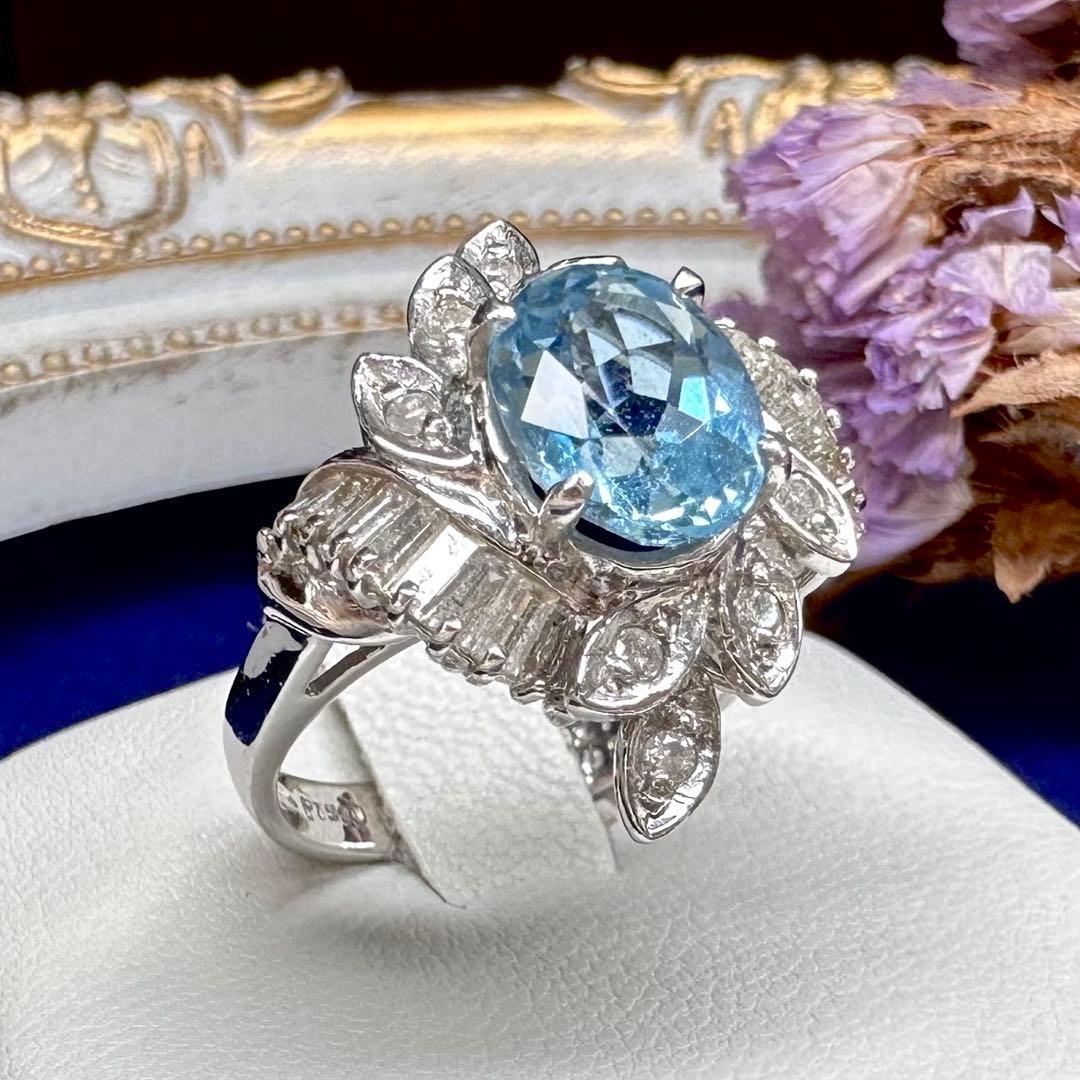 PT900 アクアマリン1.77ct ダイヤ リング 豪華デザイン ヴィンテージ