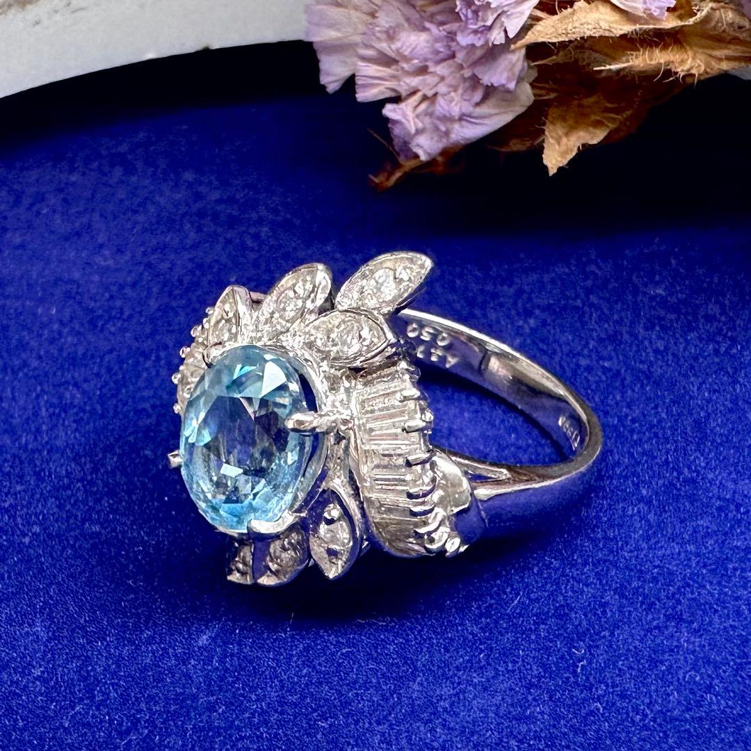 PT900 アクアマリン1.77ct ダイヤ リング 豪華デザイン ヴィンテージ