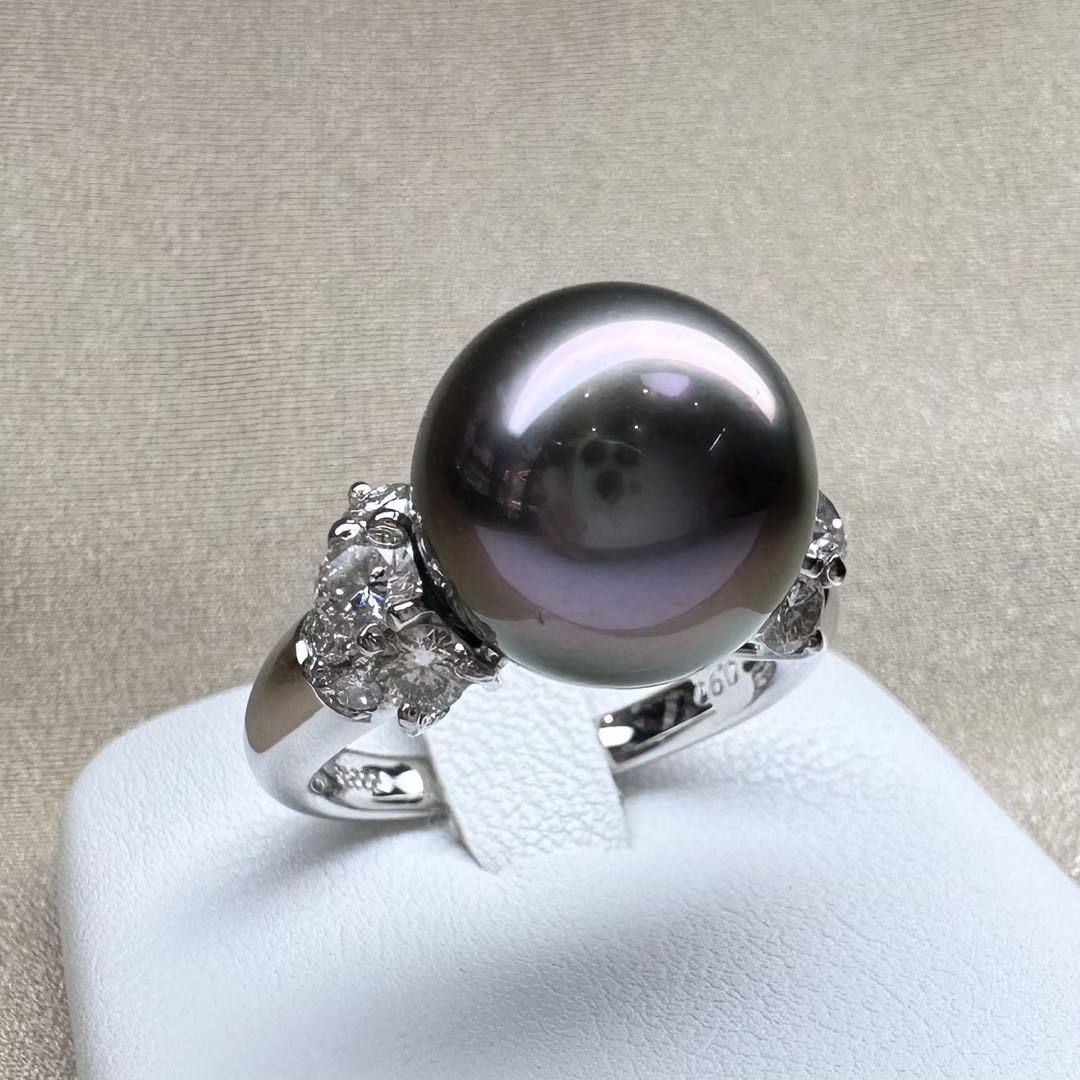 【美品】PT900 黒蝶真珠リング 12.3mm ダイヤ