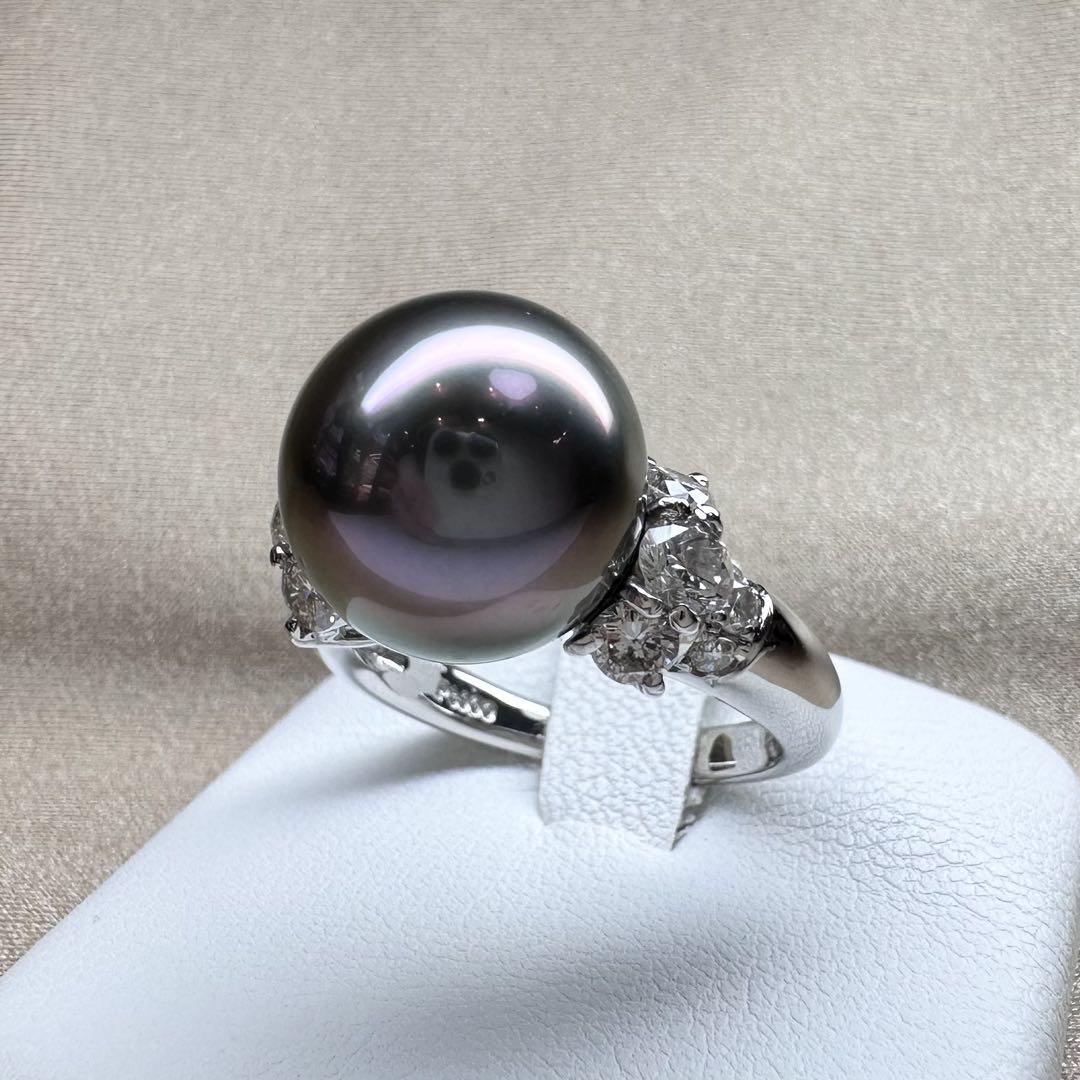 【美品】PT900 黒蝶真珠リング 12.3mm ダイヤ