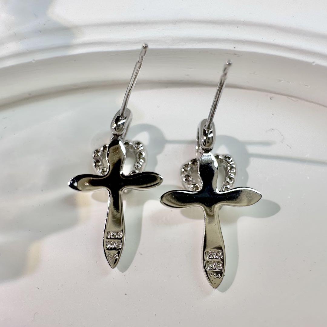 【K18WG】ダイヤモンド 0.14ct*2ピアス ハート 十字架