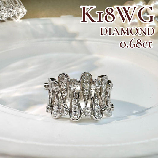 【K18WG】ダイヤモンド 0.68ct リング 雫モチーフ 幅広デザイン