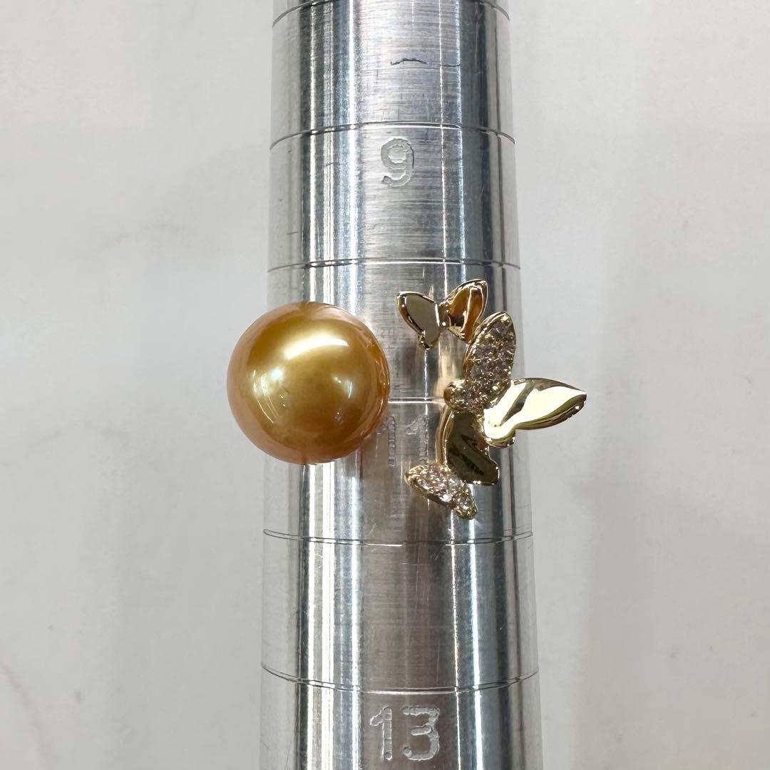 【K18】南洋パール 8.8mmリング 蝴蝶モチーフ アシンメトリー